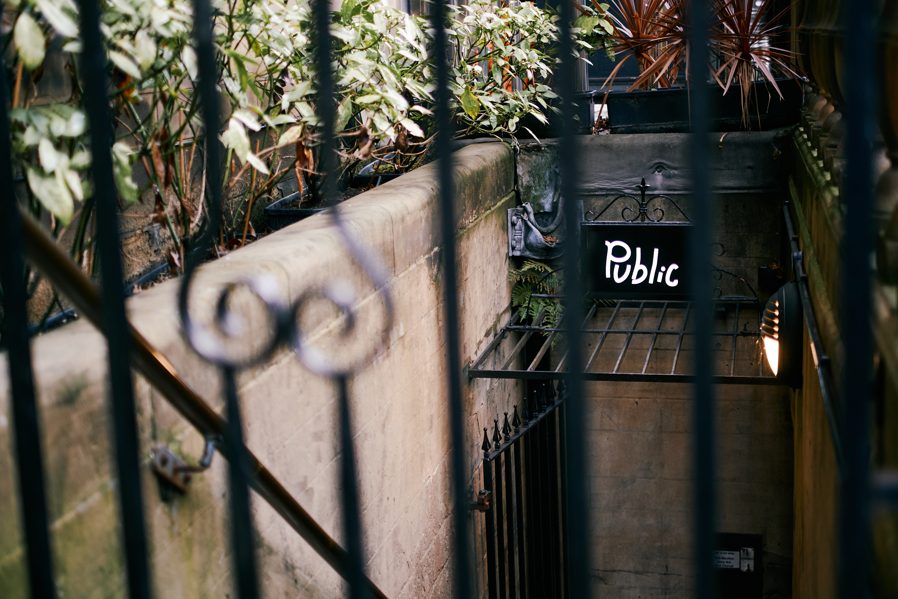 The stairs leading down to Public.