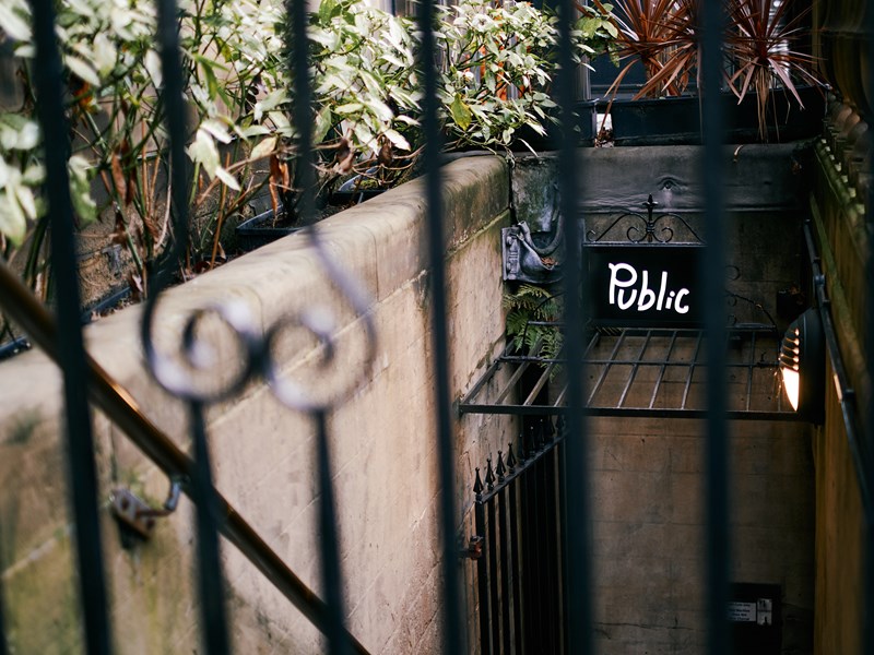 The stairs leading down to Public.