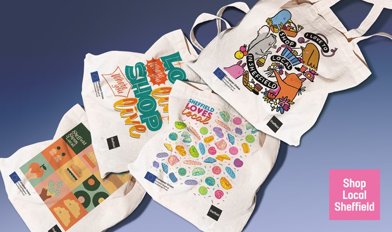 The four Shop Local Bag designs laid out against a blue background.