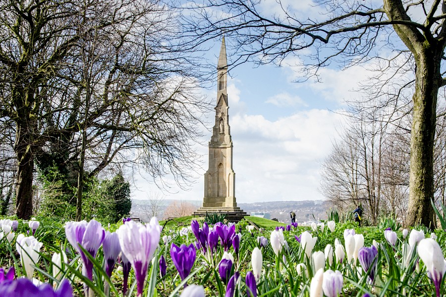 A tall stone monument with a pointed spire stands in a landscaped park surrounded by trees. In the foreground, vibrant purple and white crocus flowers bloom, creating a colorful frame for the monument. The background shows rolling hills under a partly cloudy sky, adding depth to the scenic view.