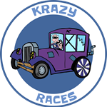 Cartoon-style logo featuring a whimsical purple car with cracked windows, oversized wheels, and a character in goggles and a striped outfit inside. The circular border reads 'KRAZY RACES' in blue text.