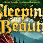 Promotional poster for Manor Operatic Society’s production of Sleeping Beauty. The title “Sleeping Beauty” is displayed in large, ornate golden letters against a magical forest backdrop with glowing lights and greenery. A red dragon is partially visible at the bottom, and the logos for Manor Operatic Society and NODA appear at the top corners.