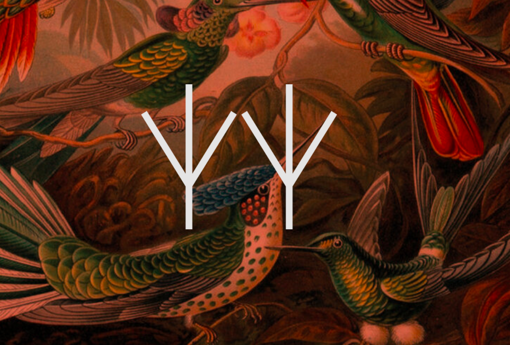 Artwork featuring a richly detailed illustration of tropical birds with vibrant green, red, and blue feathers perched among lush foliage. Overlaid in the center is a minimalist white geometric design consisting of three symmetrical tree-like symbols arranged side by side. The background has warm earthy tones, creating a striking contrast with the bright birds and the bold white graphic.