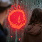 Two people stand observing a piece of abstract art. The artwork features a vivid red splatter resembling an explosion or sunburst, set against a dark, textured background with streaks of green and white. The red element is the focal point, creating a striking contrast and dynamic visual impact.