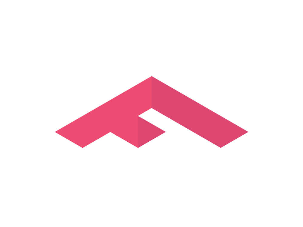 Minimalist logo design featuring an abstract geometric shape resembling an upward arrow or stylized roof structure. The shape is composed of three connected segments in varying shades of pink, creating a sense of depth and dimension. The background is plain white, emphasising the bold, modern design.