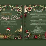 Two festive flyers promoting "The Psalter Sleigh Bar" holiday event. The left flyer features event details: open from Friday 28th November to Sunday 28th December, Wednesday to Sunday, 12pm–8pm (closed Christmas and Boxing Day). The right flyer displays the menu with themed cocktails (£8), other beverages (£7), and snacks (£6), including Cheddar Doughnuts, Pigs in Blankets, and Root Vegetable Crisps. A Sleigh Bar Package is offered for £25, including one snack & two drinks.