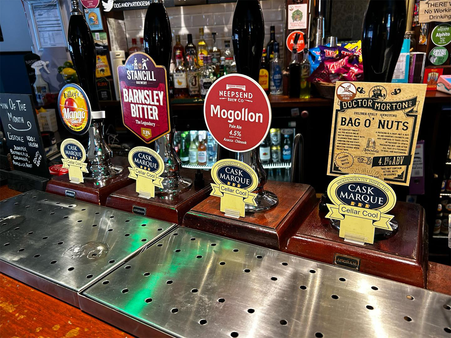 The bar at the Dog & Partridge pub.