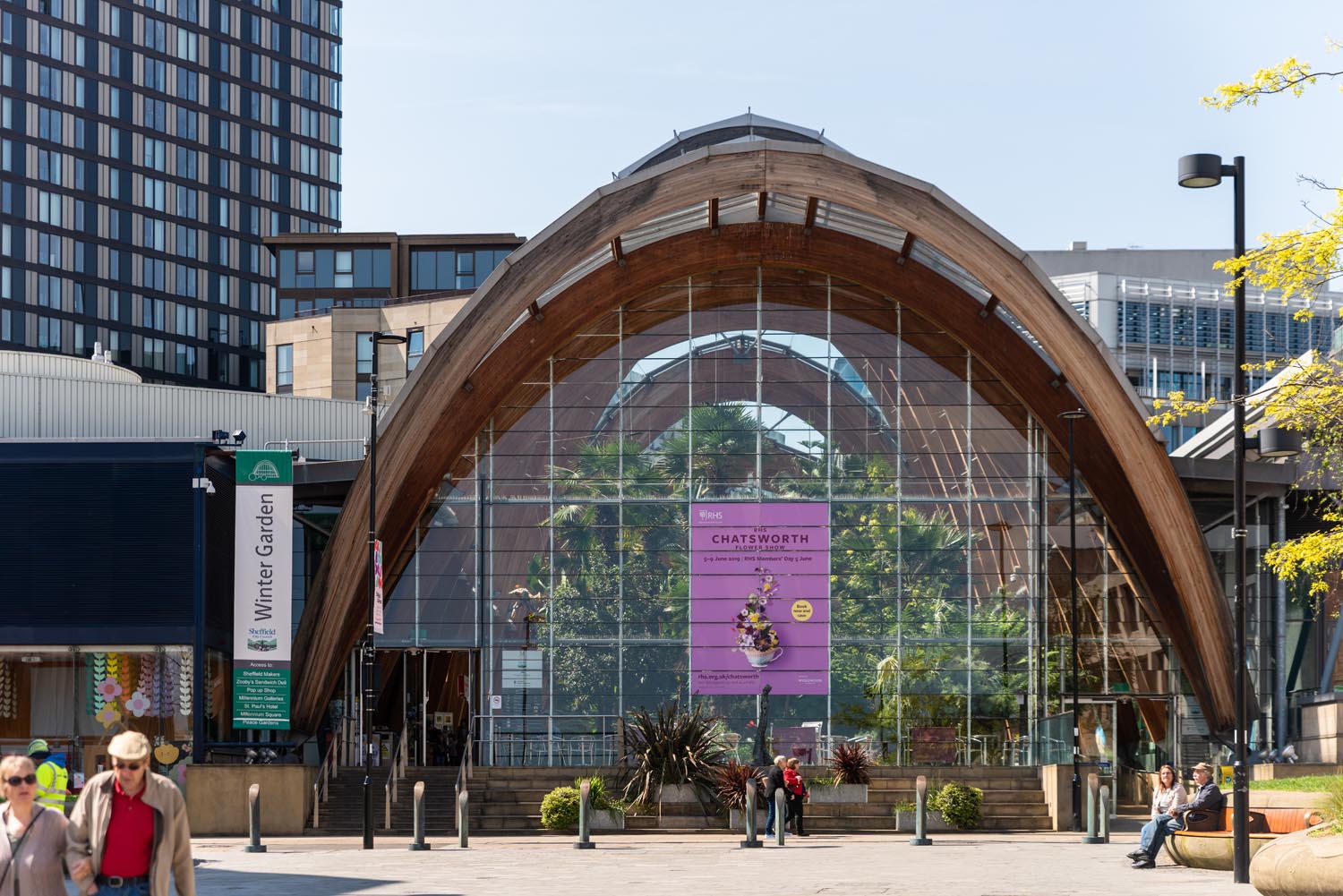One of the entrances to the Sheffield Winter Garden as seen from Tudor Square.