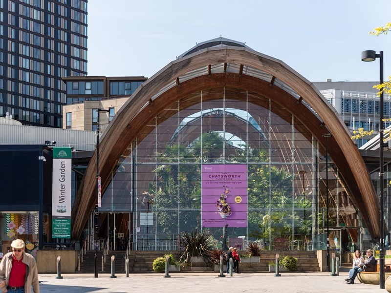 One of the entrances to the Sheffield Winter Garden as seen from Tudor Square.