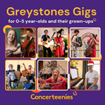 Event poster with six photos of people performing on musical instruments and singing.