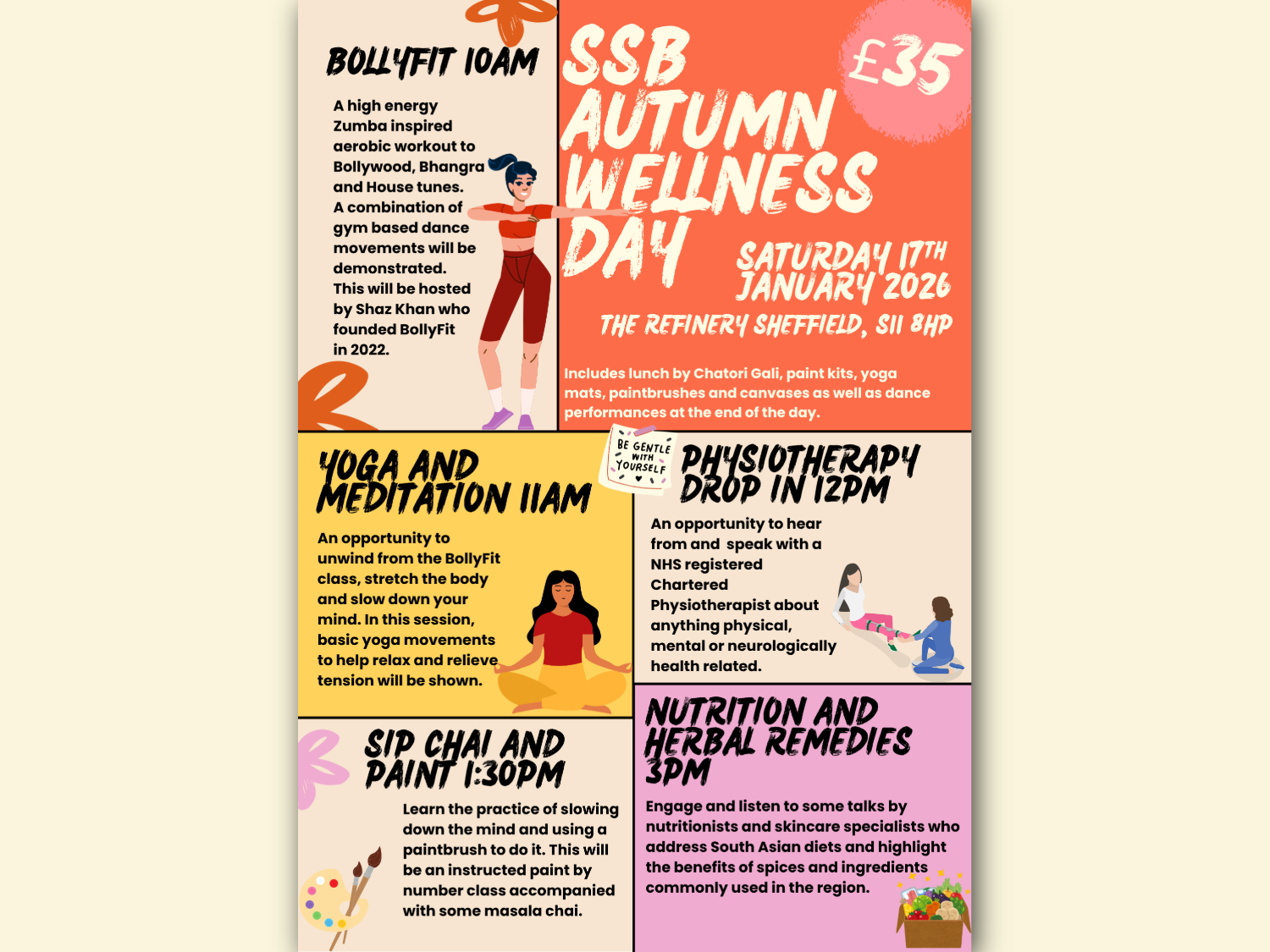 Poster for SSB Autumn Wellness Day: BollyFit, yoga, physiotherapy, painting, nutrition talks. Sat 17 Jan 2026, Sheffield.