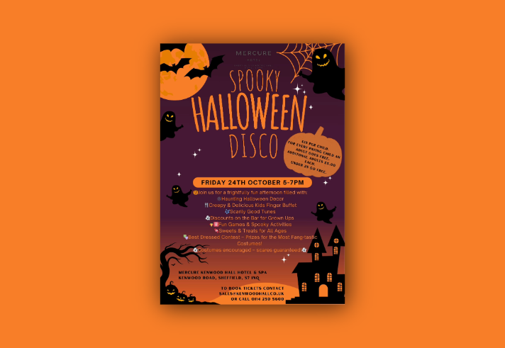 Poster for the event with drawings of bats, ghosts, an orange moon, spooky house, pumpkins and spiderwebs.