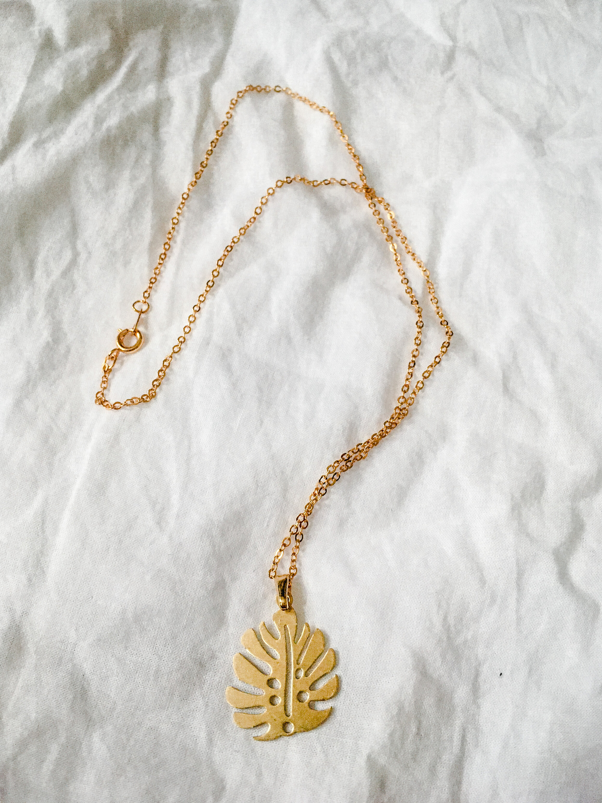 A necklace with a pendant shaped like a leaf.