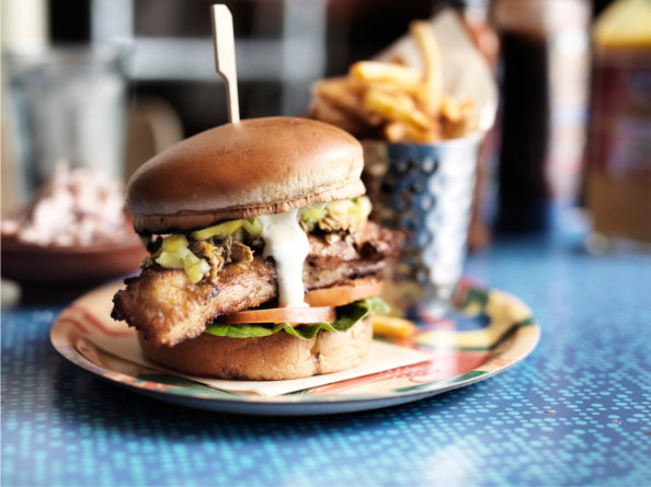 Burger and chips at Turtle Bay.