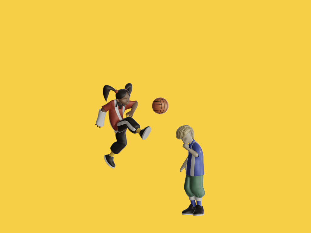 A digital image of a girl and a boy playing football on a yellow background.