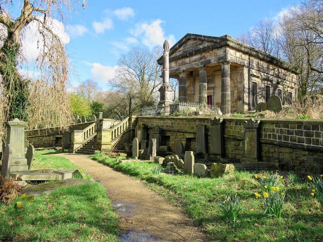 Samuel Worth Chapel at Sheffield General Cemetery in the sunshine.