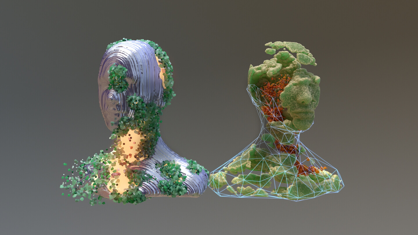 Two abstract bust sculptures side by side on a neutral background. The left sculpture has smooth, layered contours with clusters of green foliage integrated into its form. The right sculpture features a wireframe structure filled with moss-like textures and small trees, creating an organic, nature-inspired design.