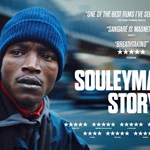 Movie poster for "Souleymane's Story" showing a close-up of a person in a blue beanie and jacket against a blurred urban backdrop. The poster features critical acclaim with quotes from The Sydney Morning Herald, Variety, and Télérama, star ratings, and mentions of Festival de Cannes awards for Best Actor and Jury Prize.