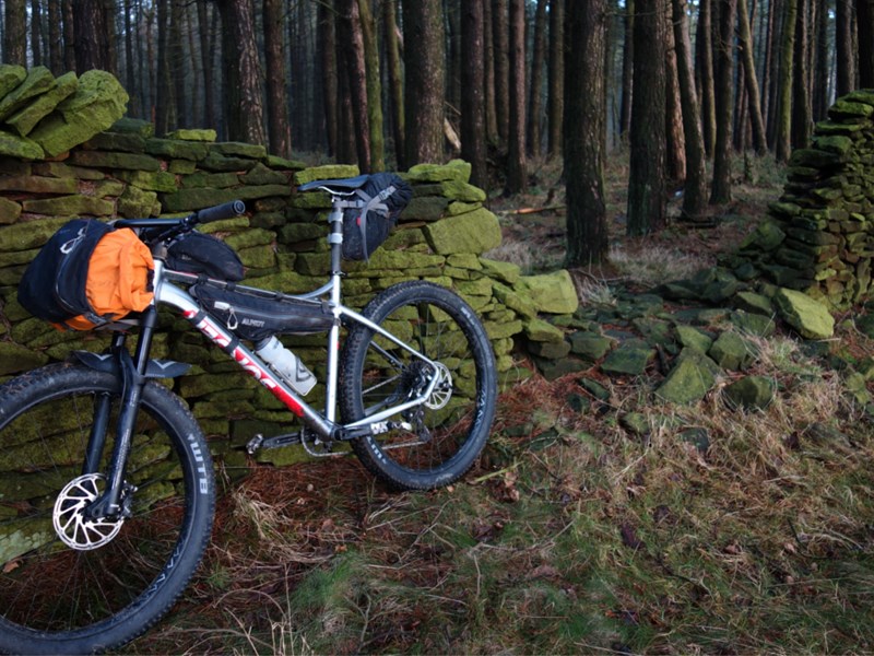 A bike leans up against an old, mossy wall in a wood.