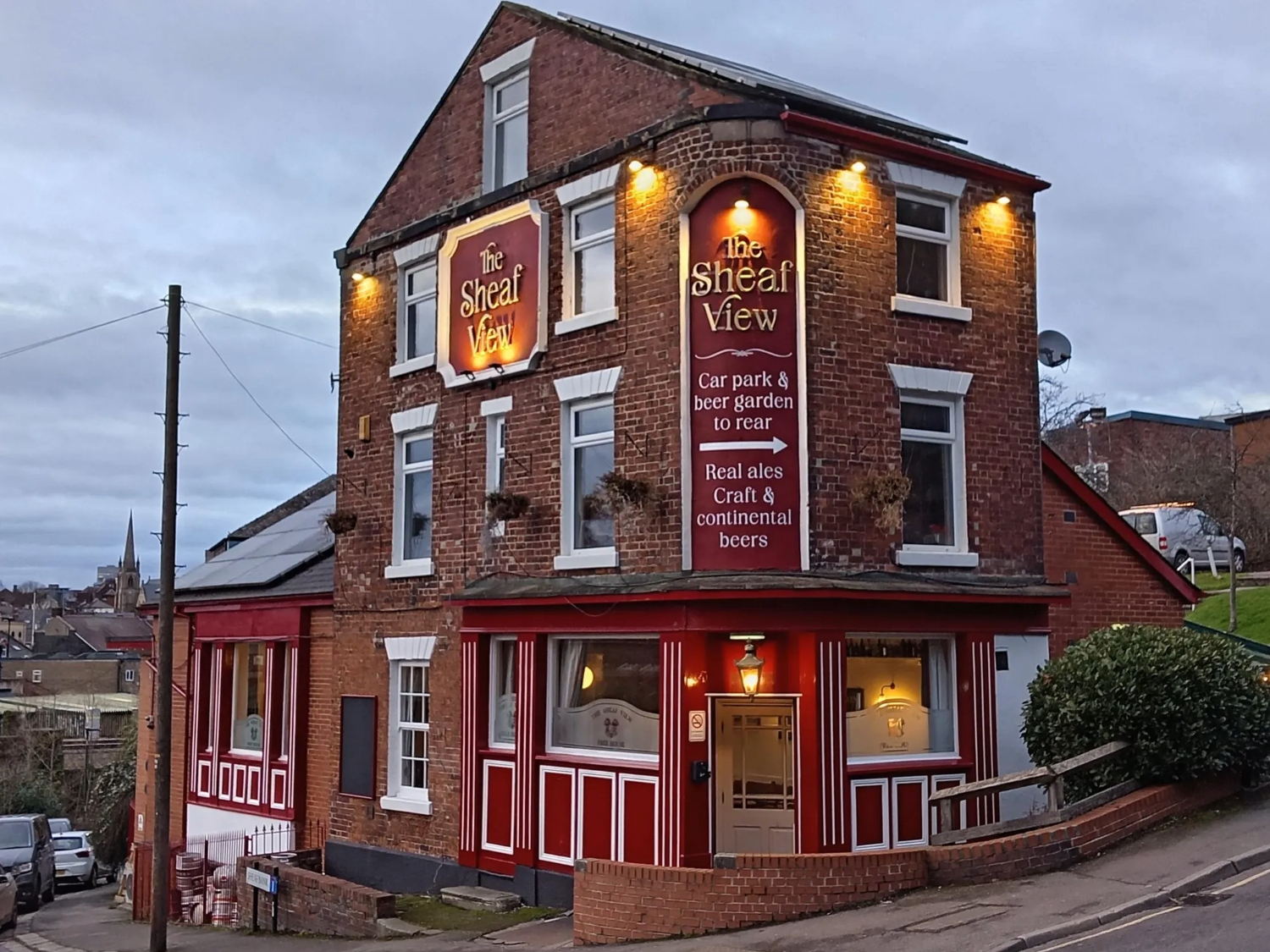 Exterior of the Sheaf View at dusk.