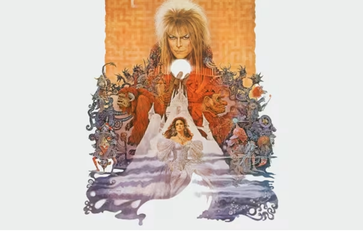 Promo image with an illustration of David Bowie in character, and the other characters from the film.