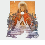 Promo image with an illustration of David Bowie in character, and the other characters from the film.