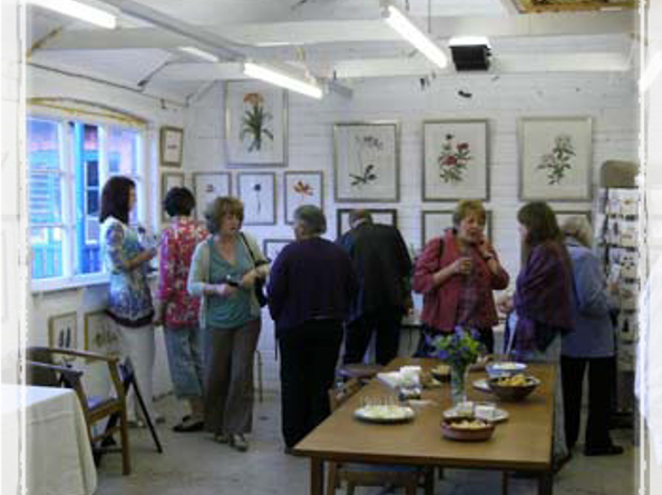 People looking at an art exhibition.