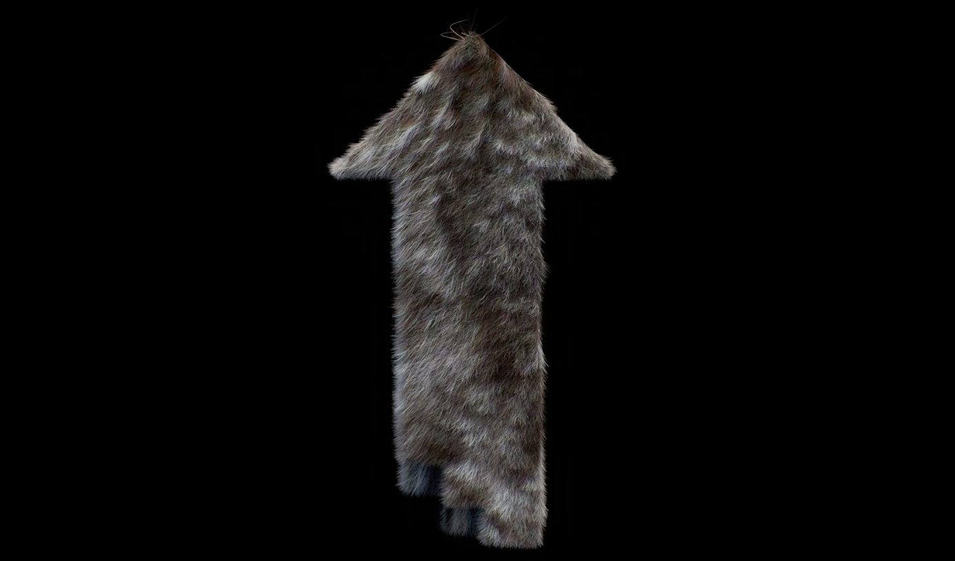A digital image of an grey Look Up arrow with a fur texture, on a black background, pointing up.