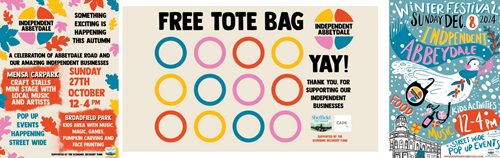Eye-catching designs for the Autumn Festival and Winter Festival in Abbeydale and printed vinyl stickers advertising free tote bags.