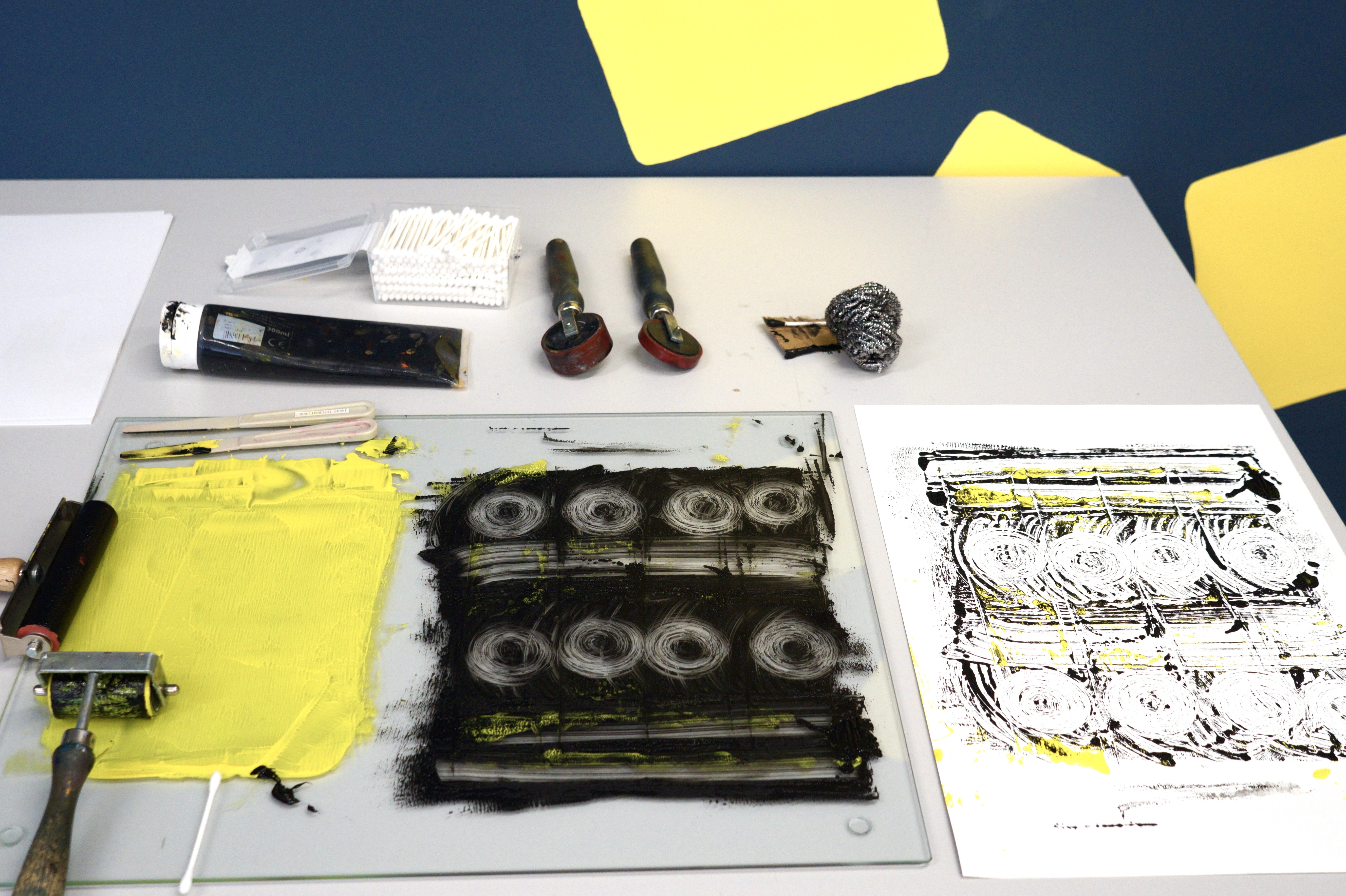 Printmaking tools on a table at the Carousel Print Studio.