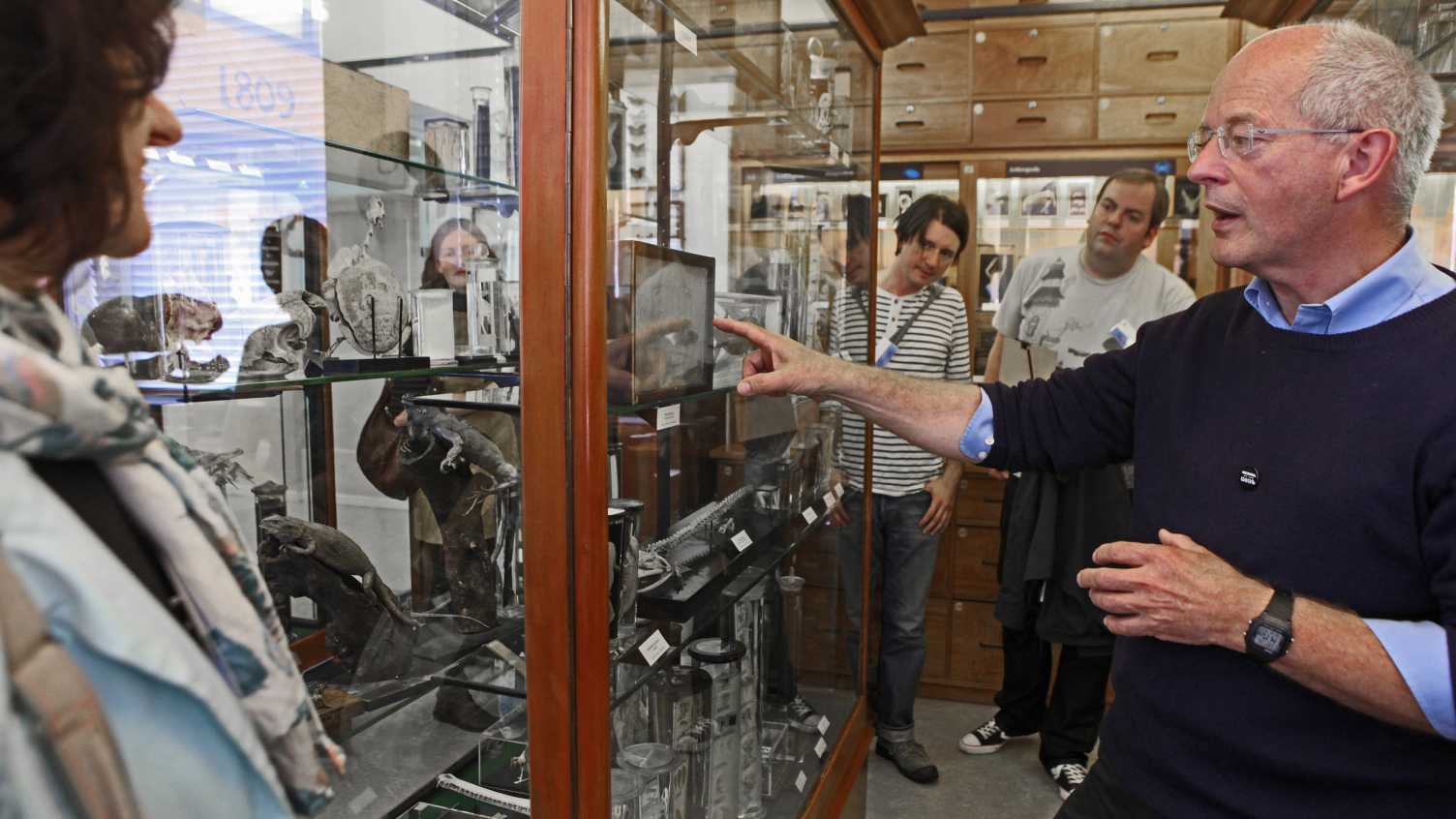 A group of people having a guided tour around The Alfred Denny Museum Of Zoology.