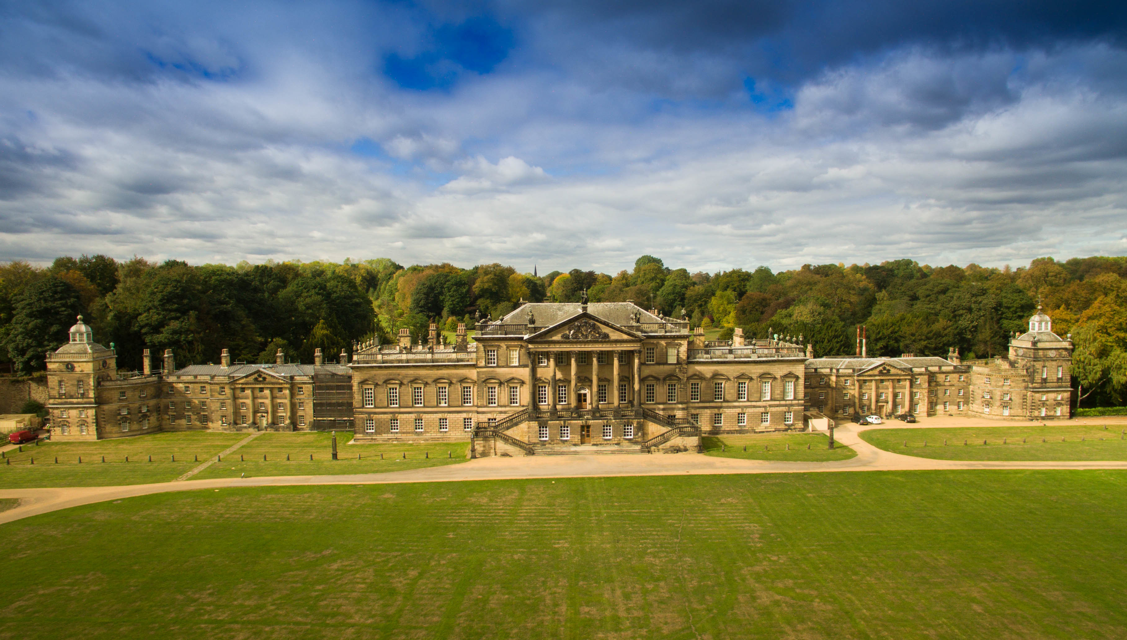 Aerial view of Wentworth Woodhouse and the main lawn looking down on the Georgian architecture of the building. 