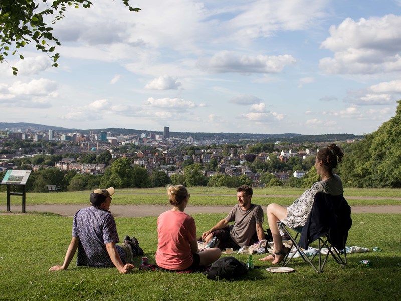 Four people are sat on the grass at Meersbrook Park in the sun. In the distance you can see Sheffield city centre.