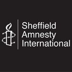 The Sheffield Amnesty International logo which is a line drawing of a candle wrapped in barbed wire and the words Sheffield Amnesty International, all in white on a black background.