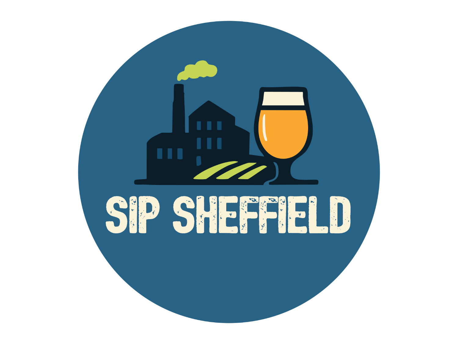 A circular blue logo featuring a black silhouette of an industrial building with a tall chimney emitting green smoke on the left, and a glass of golden beer with a white head on the right. Below the illustration, bold cream-coloured text reads “SIP SHEFFIELD.”