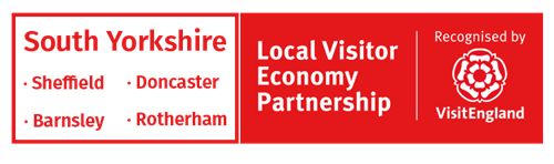Red and white graphic displaying the South Yorkshire Local Visitor Economy Partnership logo. It lists Sheffield, Barnsley, Doncaster, and Rotherham on the left, and includes the VisitEngland recognition badge on the right.