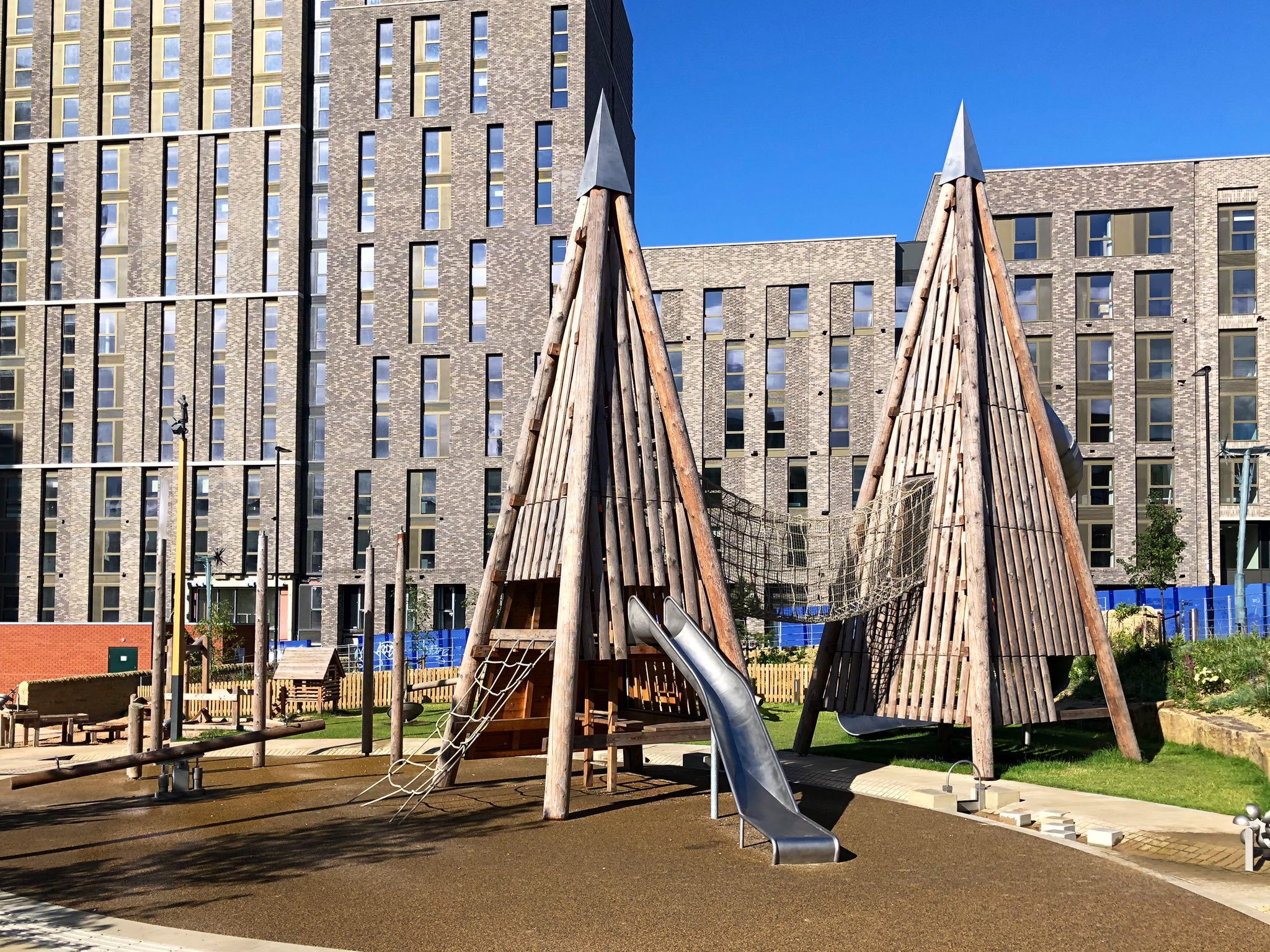 Climbing frames and slides in Pound's Park.