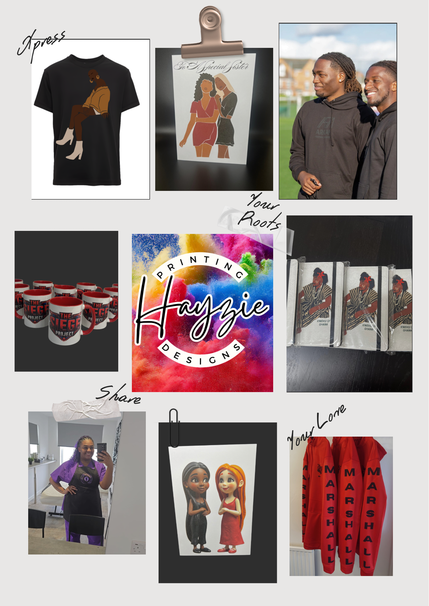 Collage showcasing Hayzie Printing Designs products and services, including a black T-shirt with an illustrated couple, a printed greeting card with two women, custom mugs with bold text, personalized notebooks, red joggers with printed names, and a colorful logo reading 'Hayzie Printing Designs.' The layout also features examples of custom apparel and gift items