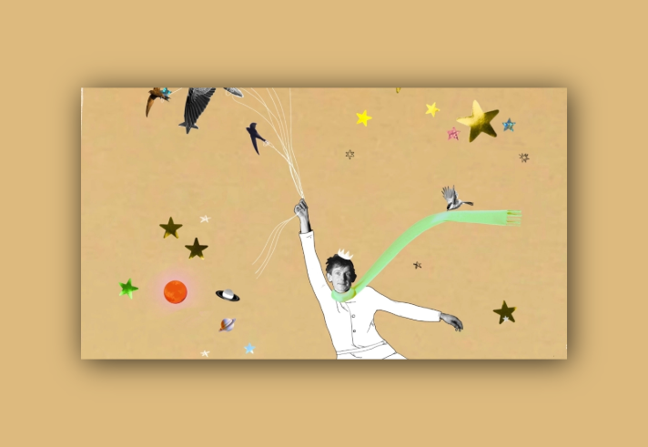 An illustration of a man, flying through space, holding strings that are attached to several flying birds. Some of the elements, such as the birds and the man's face and hands, are photos that have been cut out and added to the image.