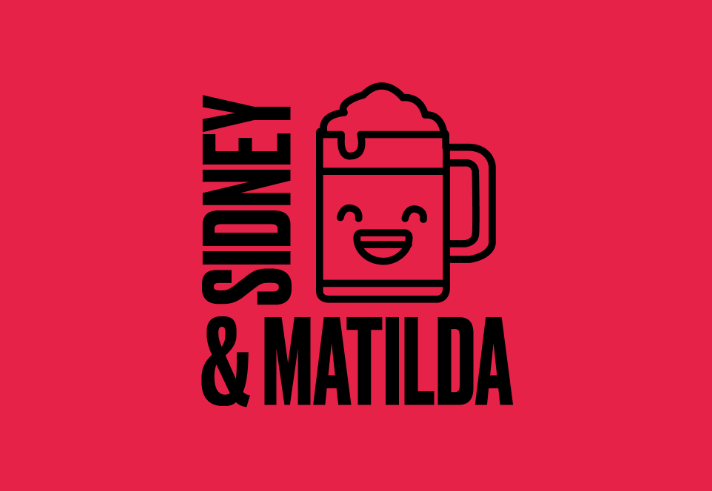 A red logo featuring black text and a central graphic. "SIDNEY" is written vertically on the left, and "& MATILDA" is written horizontally at the bottom. In the centre, there's a cartoon-style beer mug with foam on top and a smiling face.