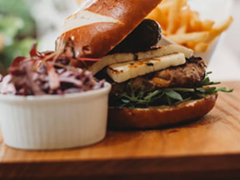 Burger and fries at the Rhubarb Shed Cafe.