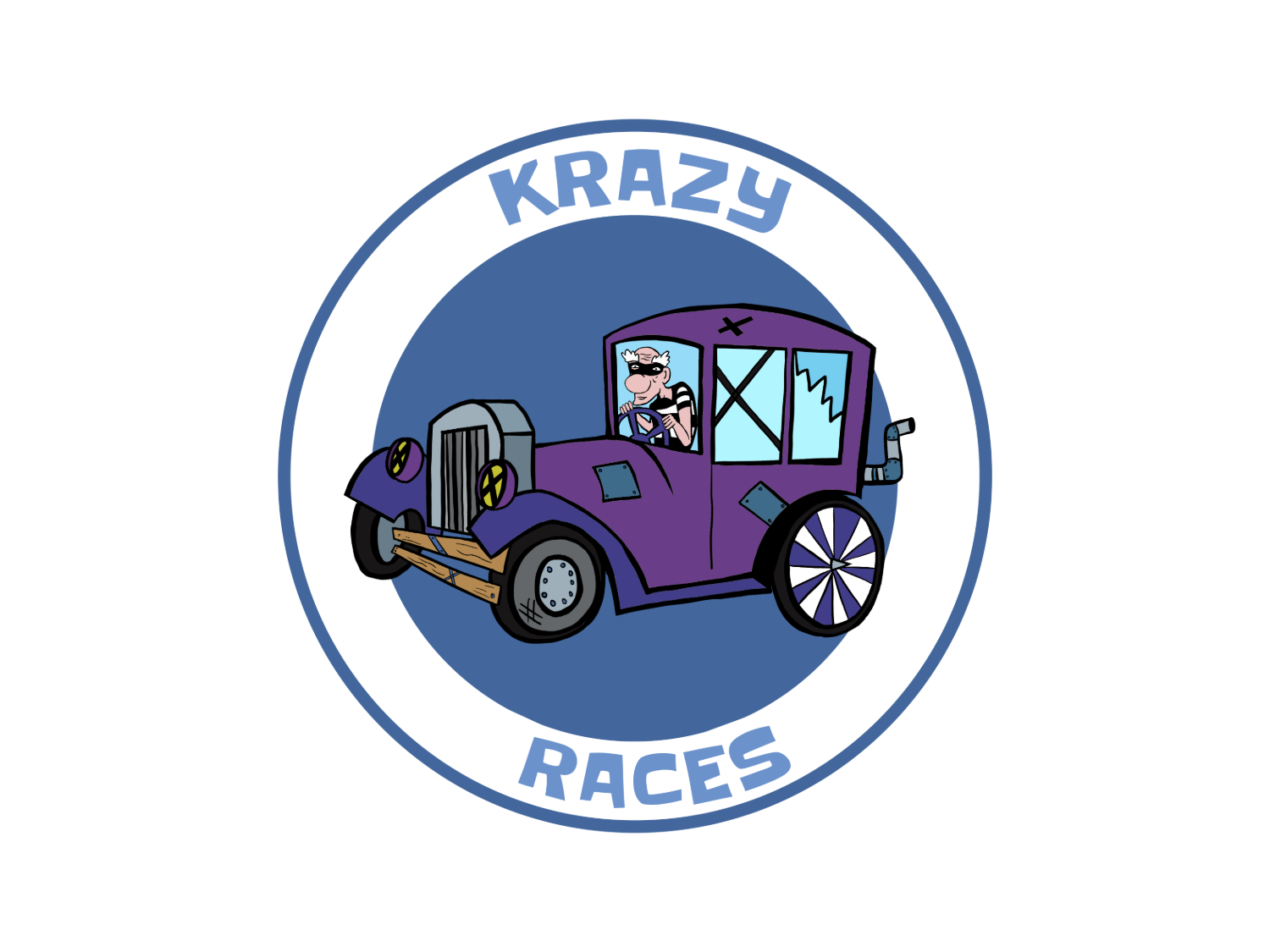 Cartoon-style logo featuring a whimsical purple car with cracked windows, oversized wheels, and a character in goggles and a striped outfit inside. The circular border reads 'KRAZY RACES' in blue text.
