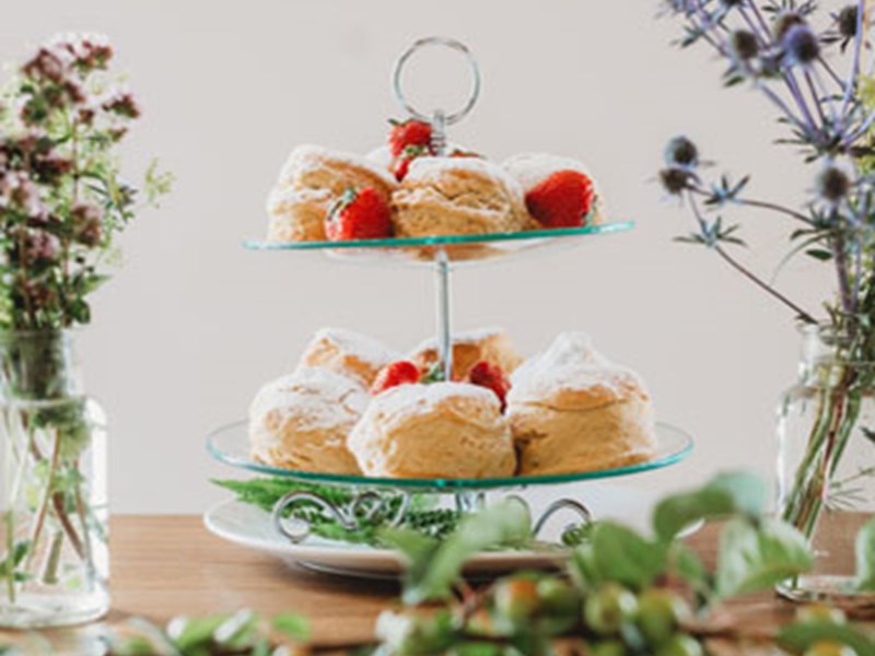 Afternoon tea at the Rhubarb Shed Cafe. On a table are a glass vase of wild flowers and a two-tier cake stand filled with cupcakes and pastries.