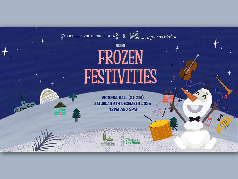 A poster for the event featuring an illustration of a Snowman surrounded by a variety of musical instruments.