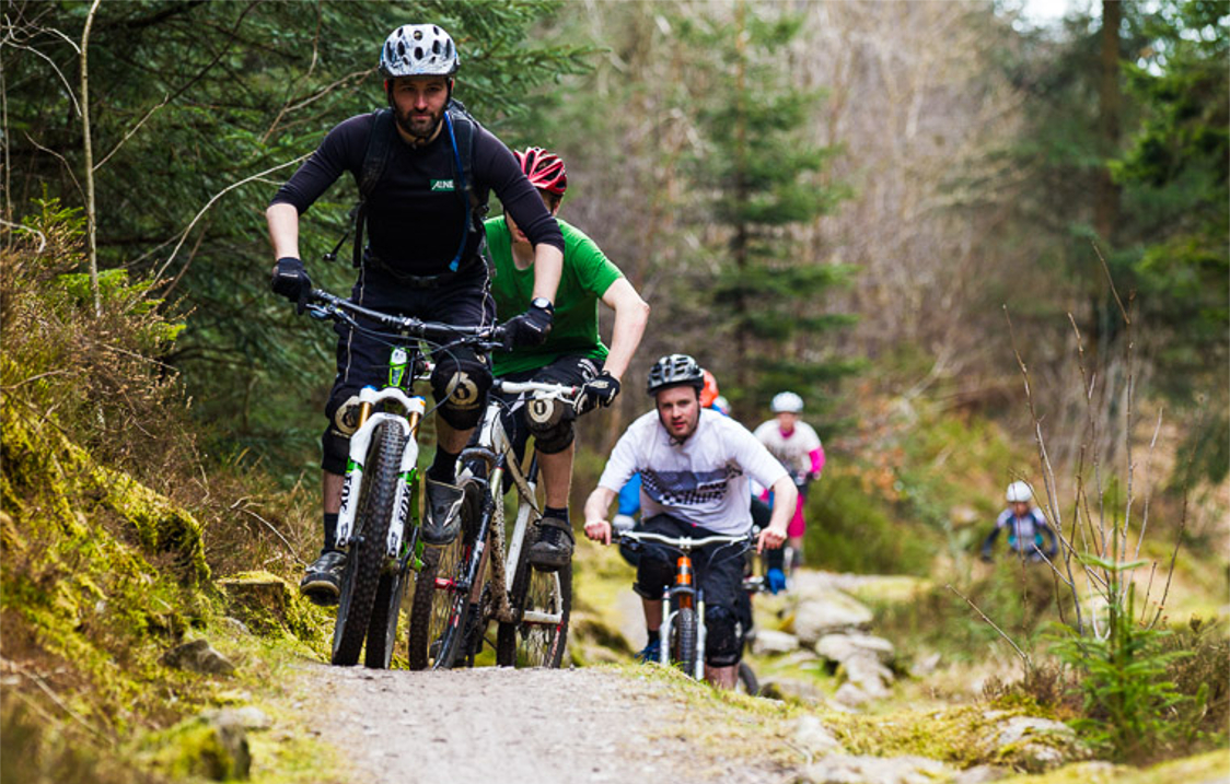 Six or so people, on mountain bikes, ride along a track in a wooded area.