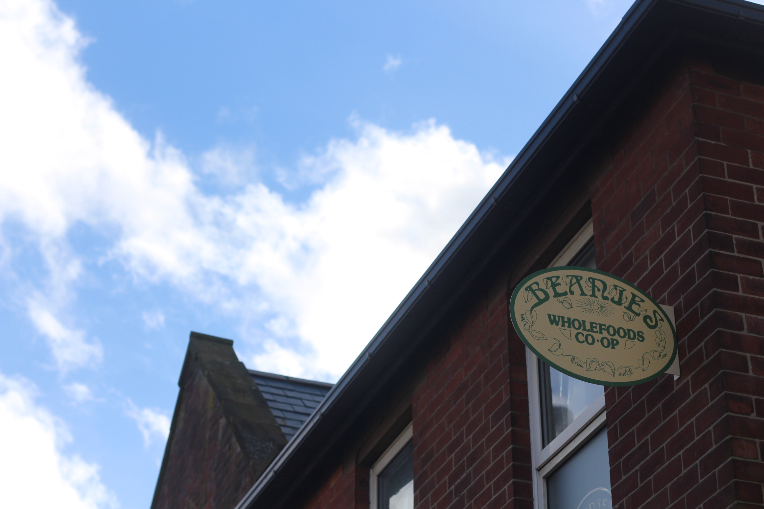 The Beanies Wholefoods sign on the outside of the building.