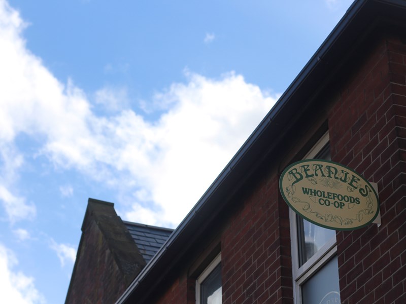 The Beanies Wholefoods sign on the outside of the building.