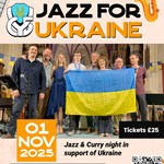 Poster for the events with a photo of a group of musicians, on a stage, holding a Ukrainian flag.