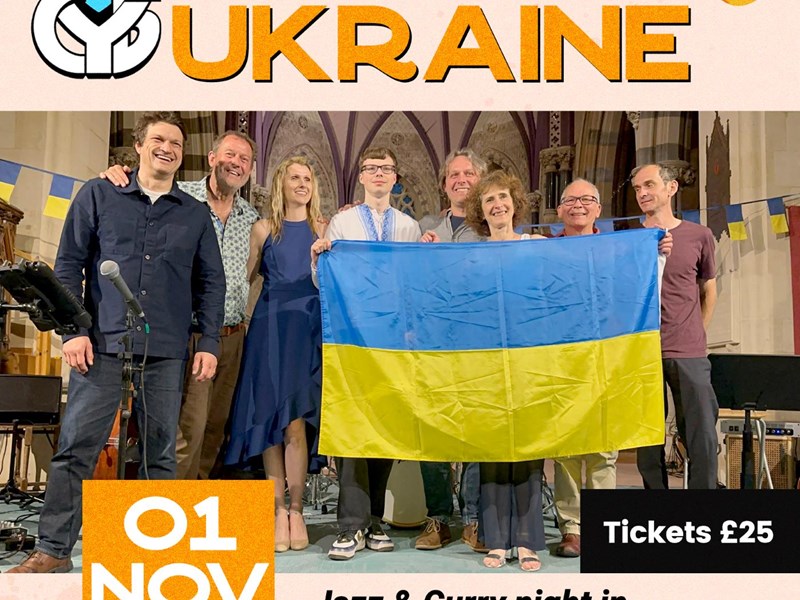 Poster for the events with a photo of a group of musicians, on a stage, holding a Ukrainian flag.