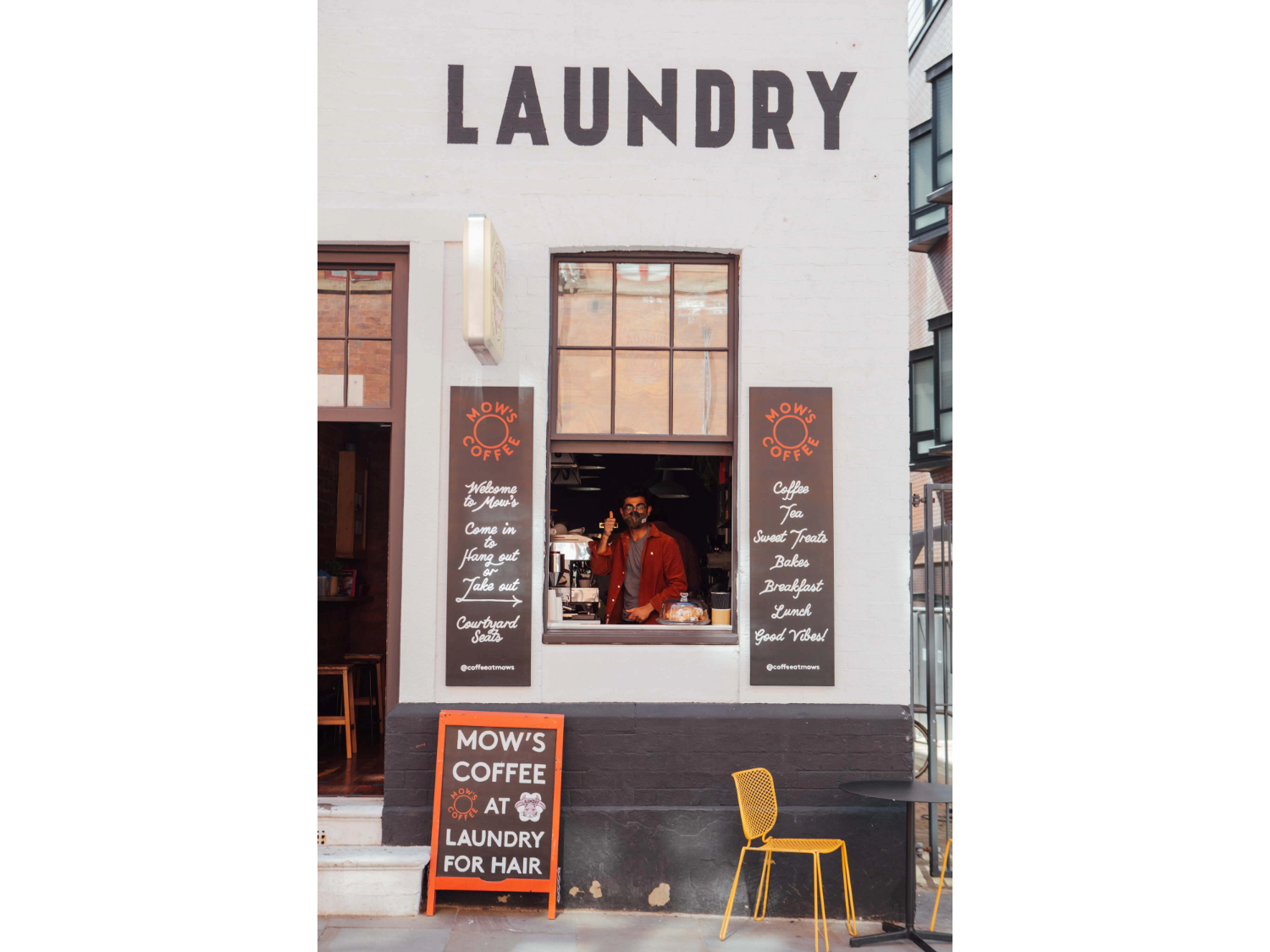 The entrance and the serving window at Mow's Coffee.